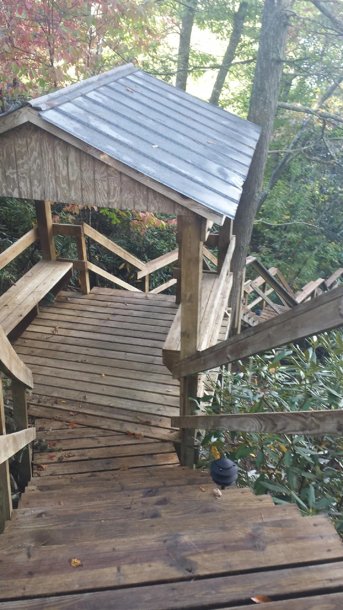 Metal roofed shelter over wooden steps on a wooded walkway — Skylight Repair & Installation work by our crew in Plain City